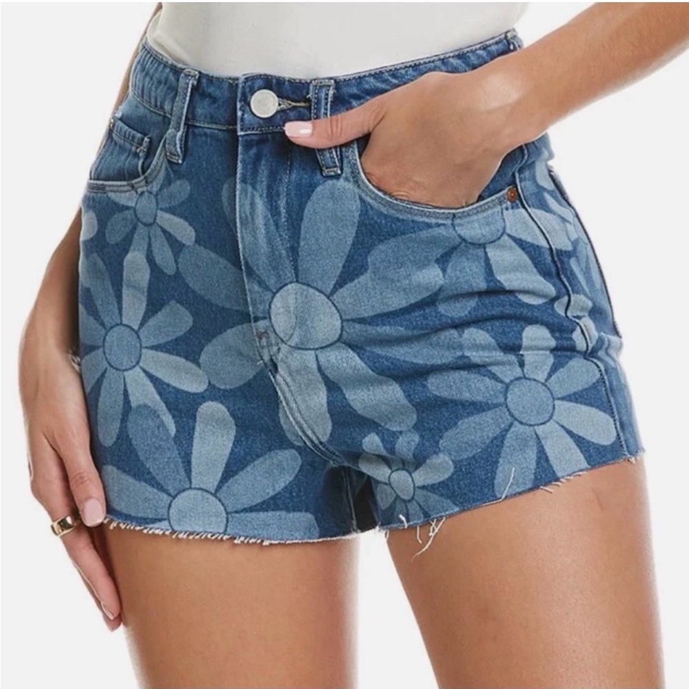 Blank NYC Blue Daisy Print High-Rise Jean Shorts